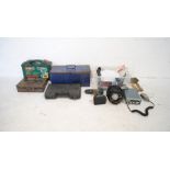Two Bosch power drills along with various drill bit sets and attachments, boxed Stanley ratchet set,