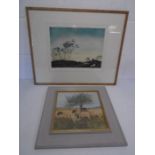 A framed watercolour of longhorn sheep in a meadow, signed by local artist Terry Ward overall size