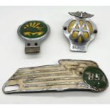 A vintage BSA aluminium emblem from a motorbike, Young Farmers car badge along with an AA badge