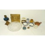 A quantity of ceramics and glassware including a Victorian oil lamp, Royal Cauldon tea caddy,