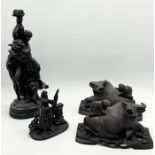 A pair of carved Oriental water buffalo and figures on stands (1 A/F) along with a classical style