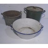 Two enamelled pots, one with lid plus one galvanised pot with handle.