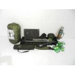 A quantity of camping and night fishing equipment including a Stanley flask, fishing sleep suit,