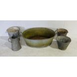 A collection of galvanised items including buckets, jug and bath