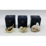 Three boxed Royal Crown Derby paperweights including Meadow Rabbit, Bluetit & Firecrest - all with