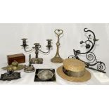 A collection of various items including Inkwells, silver plated candlesticks, straw boater, brass