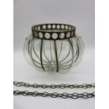 A vintage bulbous glass ceiling pendant with iron decoration and fittings, height 29cm