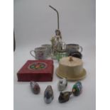 An assortment of vintage items including an opium pipe, Victorian blue and white china, a cheese