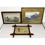 A collection of two framed watercolours of landscapes along with an antique photograph in ornate