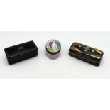 Two antique snuff boxes along with a Bilston enamelled patch box