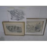 Three pencil drawings by the same artist- monogrammed TFB including a Fairey Swordfish at