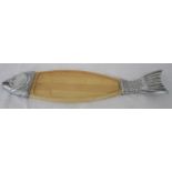 A large aluminium and wooden serving platter for salmon, length 86cm