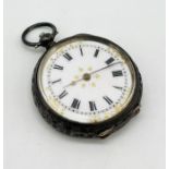 A continental 935 silver fob watch with white enamelled dial with gilt decoration