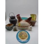 A Majolica Tazza along with a Royal Doulton biscuit barrell, a porcelain plaque, two Beswick cats, a