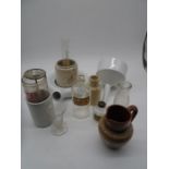 A collection of glass and pottery including an apothecary bottle, a Horlicks jar and a Royal