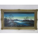 A large oil painting "Dusk" by Wendy Reeves, signed to lower right corner 49cm x 99cm