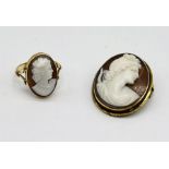 An 18ct gold cameo ring along with an 18ct gold cameo brooch (crack to cameo)