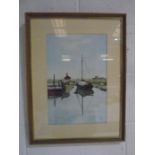 A framed watercolour of Tollesbury Quay, Essex. Signed on the front DAR 1997 and noted on back D.