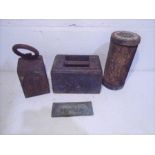 A vintage brick mould, two weights etc