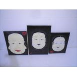 Three oriental style paintings on canvas. (Larger canvas has a repair)