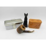 An oriental tea caddy along with a cherry wood pipe, a vintage lunch box and an Egyptian cat