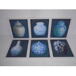 A collection of six framed paintings of oriental ceramics. 48cm x 53cm