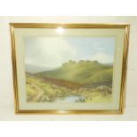 A framed watercolour of a moorland scene signed R D Sherrin - 52cm x 65cm
