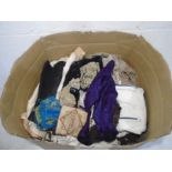 A large selection of Victorian cloth, ladies costumes, linen lace, purses. Lot also includes later