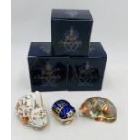 Three boxed Royal Crown Derby paperweights including Catnip kitten, Meadow rabbit & Millennium bug