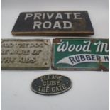 A vintage Private Road sign plus three other signs.