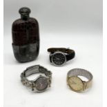 Three vintage watches along with a leather cased flask (A/F)