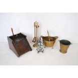 A set of brass fire irons along with a brass coal bucket, coal scuttle etc.