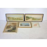 A collection of five framed paintings including two watercolour panoramic country scenes (one