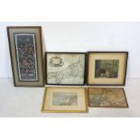 A framed vintage map of Cornwall by Robert Morden (frame a/f), a watercolour of a turbulent