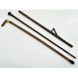 A horn handled walking stick, turned walking cane and wooden measuring stick