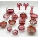 A collection of mainly Victorian cranberry glass including Vaseline bon-bon dishes etc.