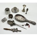 A collection of silver and SCM items including a Sterling inkwell, continental salt, scrap silver