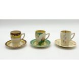 Three Clarice Cliff "Bizarre" Lynton cups and saucers including "Secrets" pattern