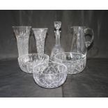 A small quantity of cut glass items including a Waterford bowl, a Stuart glass vase, decanter etc.