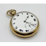 A 9ct gold pocket watch in Dennison watch case, white enamel dial, Roman numerals and subsidiary