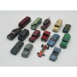 A small collection of vintage play worn die-cast vehicles including Dinky Toys, Corgi Toys, Spot-