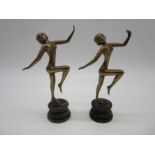 A pair of brass Art Deco figures of dancers on wooden plinths, height 15.5cm