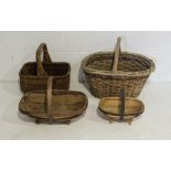 Two vintage wicker baskets, along with two rustic wooden trugs
