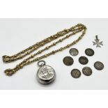 A hallmarked silver sovereign case along with a small collection of silver coins, silver cross