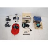 A small collection of fishing reels including a boxed Intrepid Surfcast, boxed Penn Delmar with