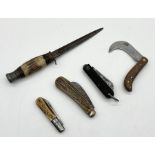 A collection of various knives including antique bone handled dagger, George Wostenholm pocket knife