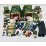 A collection of various railway related toys including a ERTL Thomas the Tank Engine and Friends