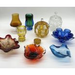 A collection of various art glass including Murano, bohemian glass lidded dish etc.