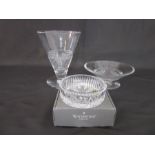 Three pieces of Waterford crystal- two designed by Jasper Conran along with a boxed Waterford bottle