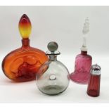 A collection of glass including Wayne Husted for Blenko tangerine decanter (A/F), cranberry glass